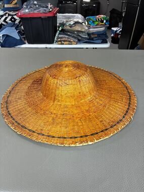 Vintage Handwoven Asian Rattan Sun Hat Large Woven Rice Hat Decorative Wall Art